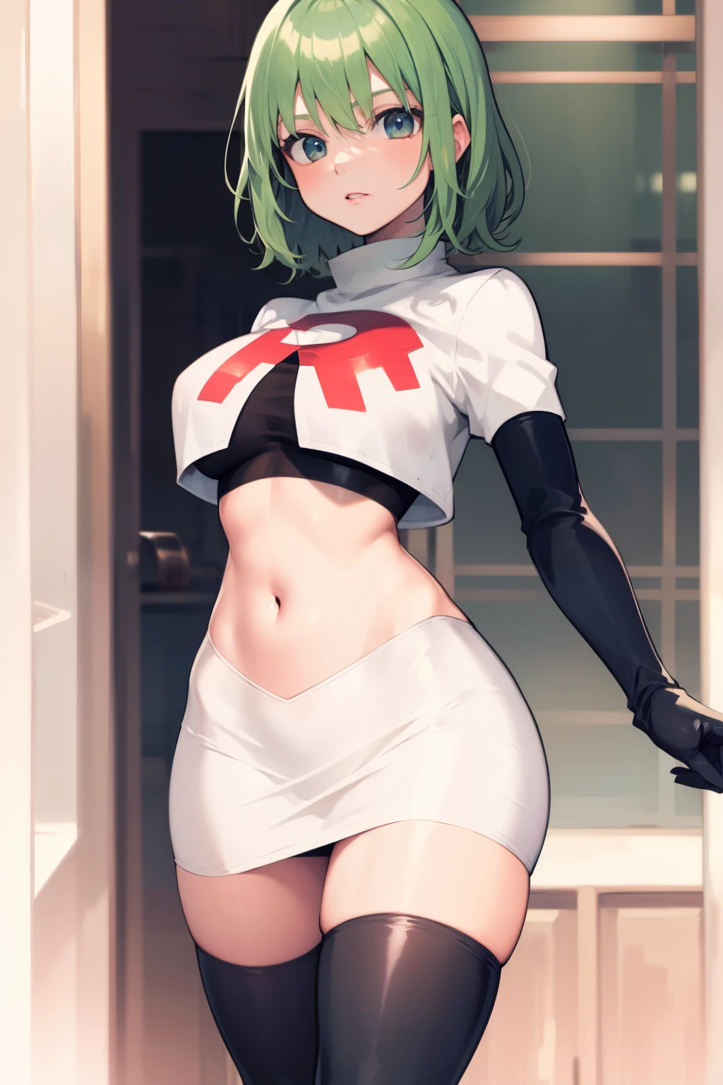 fembyleth, very short hair, light green hair ,glossy lips ,team rocket uniform, red letter R, white skirt,white crop top,black thigh-high boots, black elbow gloves, looking at viewer, cowboy shot