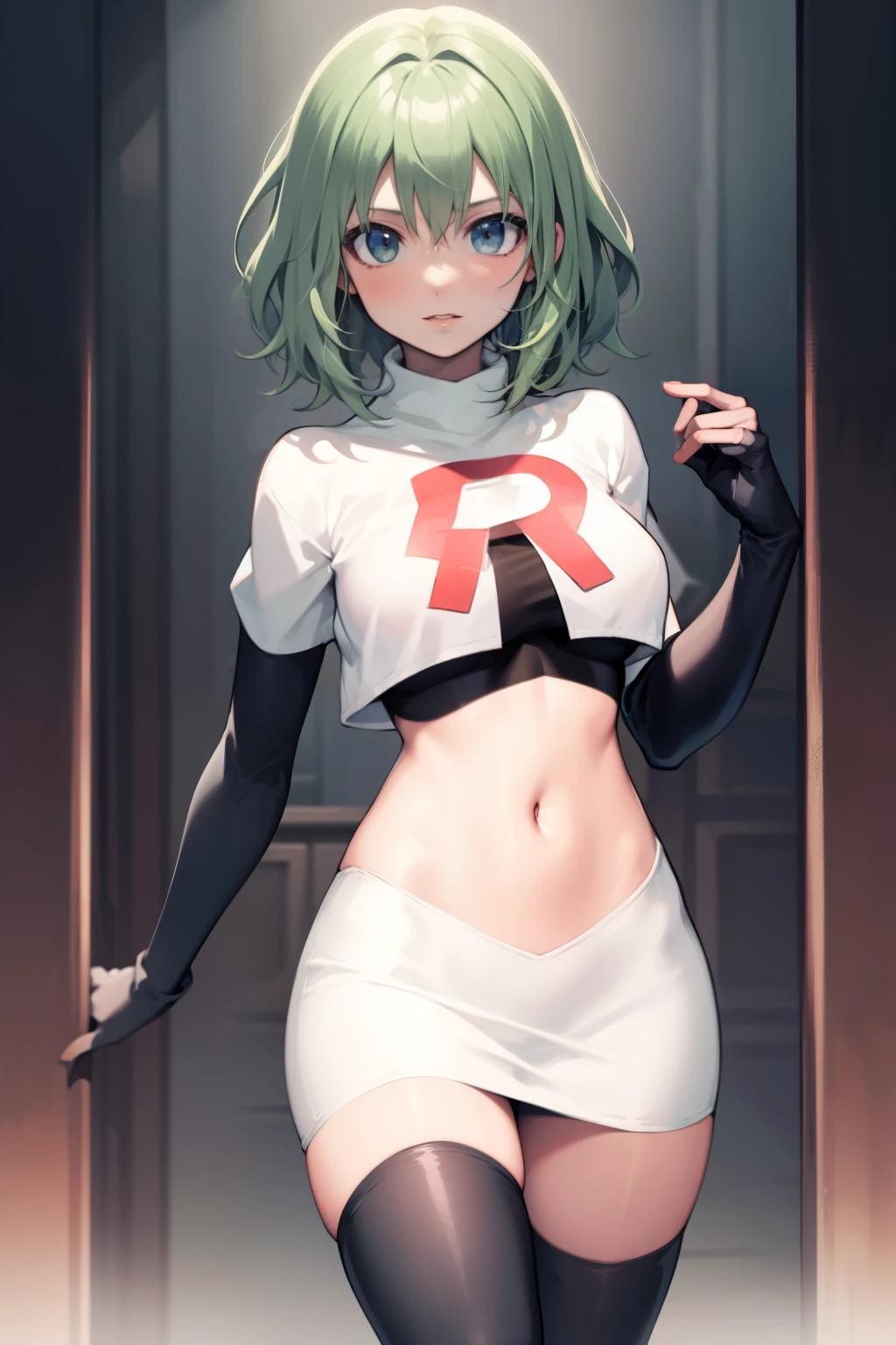 fembyleth, very short hair, light green hair ,glossy lips ,team rocket uniform, red letter R, white skirt,white crop top,black thigh-high boots, black elbow gloves, looking at viewer, cowboy shot