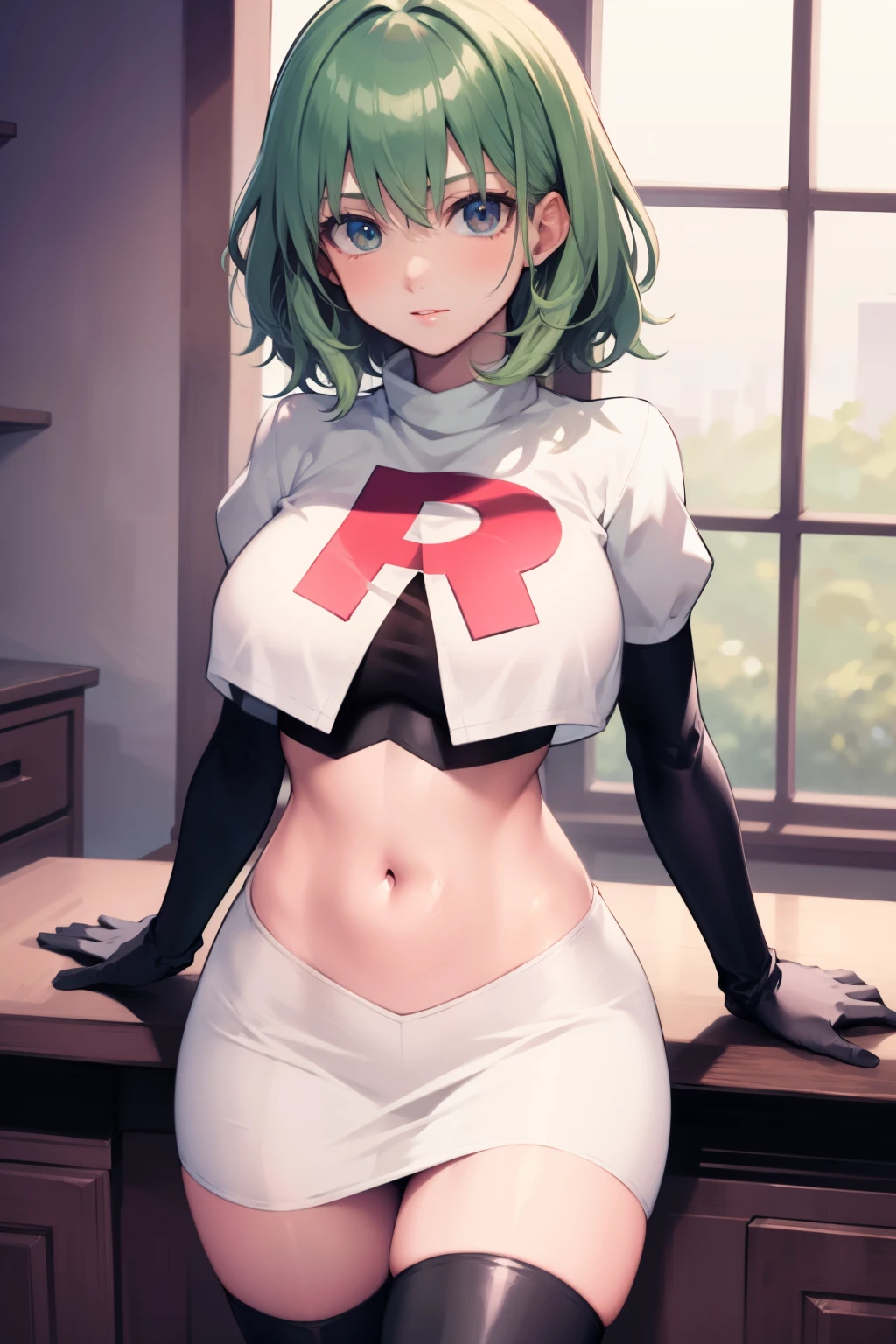 fembyleth, very short hair, light green hair ,glossy lips ,team rocket uniform, red letter R, white skirt,white crop top,black thigh-high boots, black elbow gloves, looking at viewer, cowboy shot