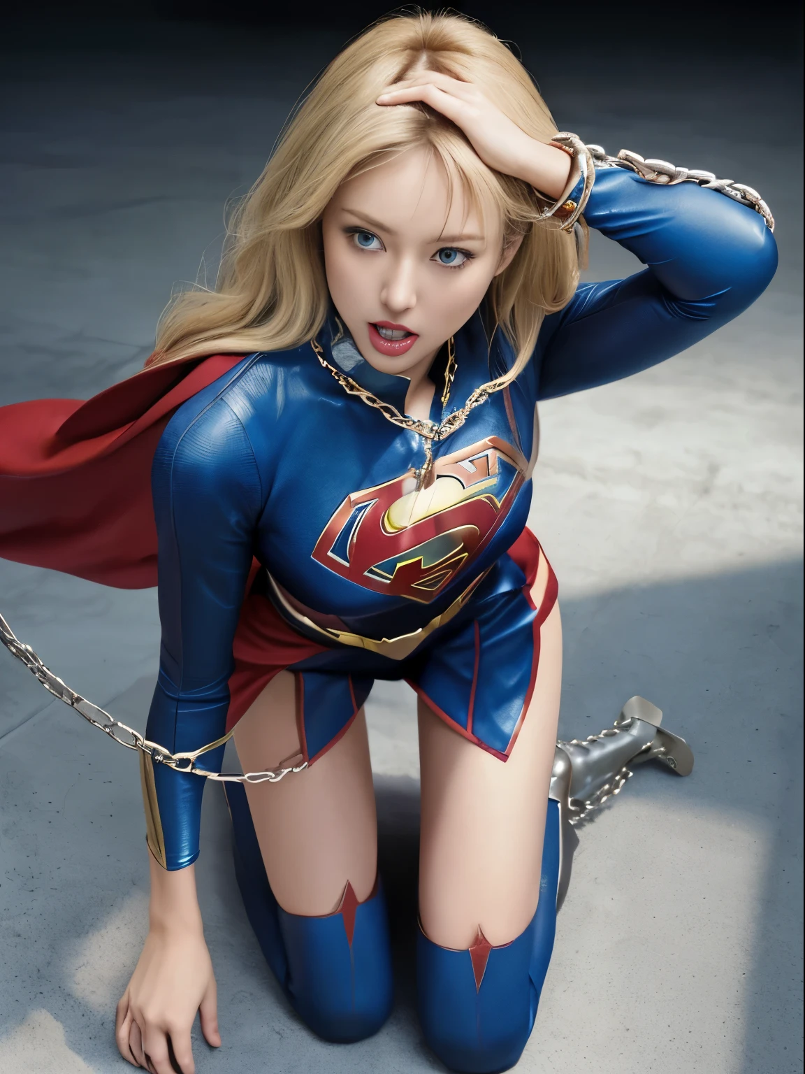 Beautuful Women，supergirl，scared，(Torn costume)，Blonde blue-eyed，(all-fours)，crawling on hands and knees，Kneeling position，Posture with buttocks sticking out，((put out the tongue))，((Drooling))，Kamimei，(Chained collar)， Cuffed，fetters, Photorealsitic，surrealism, F/1.2, 35 mm, Fuji Film, 8K, Super Detail, nffsw, masutepiece, ccurate, Anatomically correct, Textured skin, Super Detail, high details, High quality, Best Quality, hight resolution