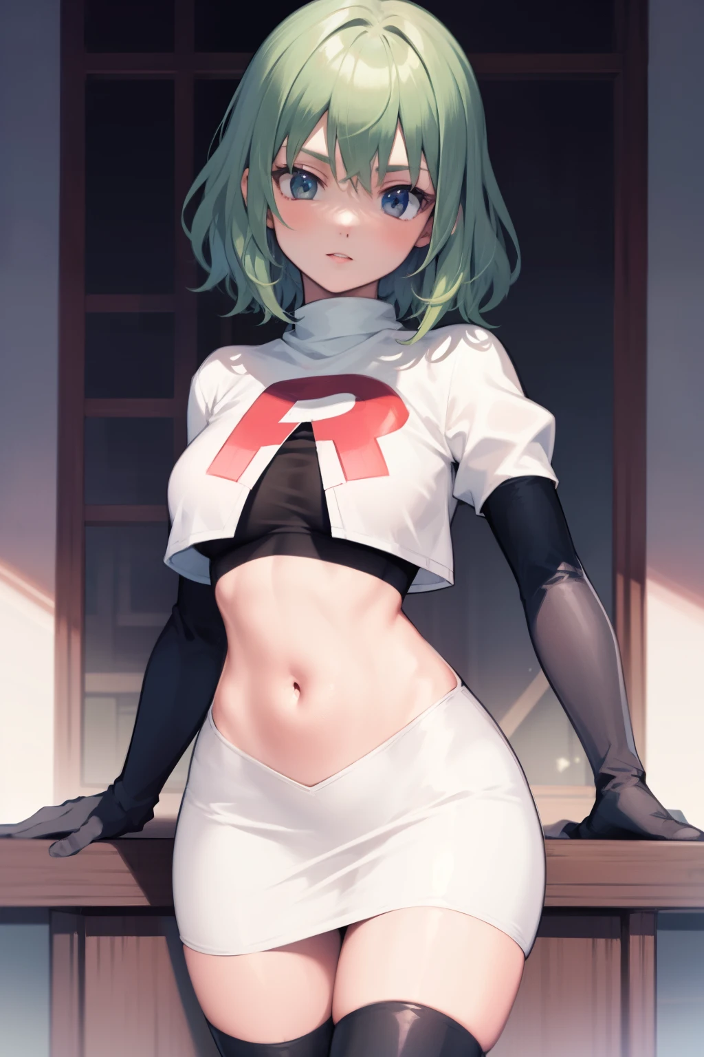 fembyleth, very short hair, light green hair ,glossy lips ,team rocket uniform, red letter R, white skirt,white crop top,black thigh-high boots, black elbow gloves, looking at viewer, cowboy shot