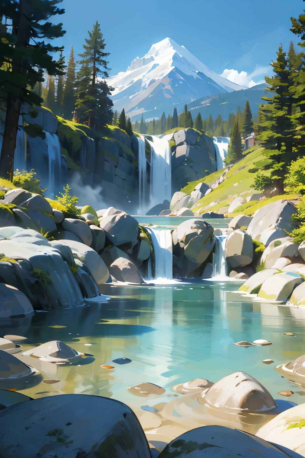 is a colorful illustration of a natural landscape. Here is a detailed description:

Waterfall: A waterfall flows gracefully from a rocky cliff, creating a crystal blue lake below. The water shines in the sunlight and reflects the colors of the sky and trees. The waterfall is the central and most impressive element of the image.
Trees: Tall, green trees, possibly pine or fir, surround the waterfall and lake. They create a contrast with the blue of the water and sky, and add a sense of depth and perspective to the image. The trees also suggest that the scene takes place in a cold, mountainous region.
Mountain: A snow-capped mountain rises majestically in the background under a clear blue sky. It is the most distant and tallest element in the image, and conveys a feeling of grandeur and grandeur. The mountain also indicates that the scene takes place at a high altitude and that the waterfall is fed by meltwater.
Rocks: Large rocks are scattered across the foreground and edge of the lake. They are gray and brown in color, and have irregular and angular shapes. They create a contrast with the smoothness and fluidity of the water, and add a sense of texture and realism to the image. The rocks also serve as points of interest and balance in the composition of the image.