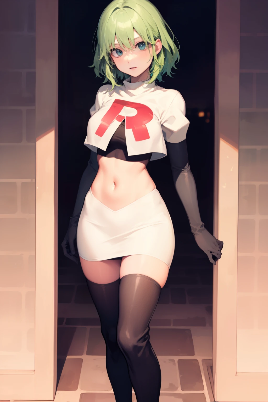 fembyleth, very short hair, light green hair ,glossy lips ,team rocket uniform, red letter R, white skirt,white crop top,black thigh-high boots, black elbow gloves, looking at viewer, cowboy shot