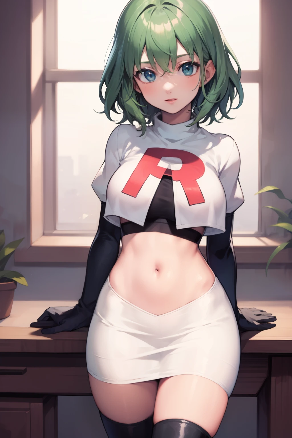 fembyleth, very short hair, light green hair ,glossy lips ,team rocket uniform, red letter R, white skirt,white crop top,black thigh-high boots, black elbow gloves, looking at viewer, cowboy shot