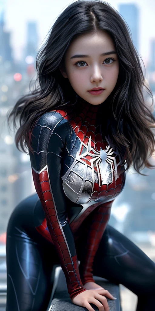 (1girl:1.3), Solo, (((Very detailed face)))), ((Very detailed eyes and face)))), Beautiful detail eyes, Body parts__, Official art, Unified 8k wallpaper, Super detailed, beautiful and beautiful, beautiful, masterpiece, best quality, original, masterpiece, super fine photo, best quality, super high resolution, realistic realism, sunlight, full body portrait, amazing beauty, dynamic pose, delicate face, vibrant eyerom the front), She wears Spider-Man suit, red and black color scheme, spider, very detailed city roof background, rooftop, overlooking the city, detailed face, detailed complex busy background, messy, gorgeous, milky white, highly detailed skin, realistic skin details, visible pores, clear focus, volumetric fog, 8k uhd, DSLR, high quality, film grain, fair skin, photo realism, lomography, futuristic dystopian megalopolis, translucent