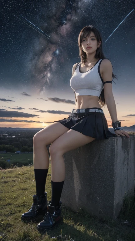 Best Quality,masutepiece,8K Wallpaper,absurderes, hight resolution, ultra-detailliert, (full body Esbian~:1.3)(ung Beautiful girl, Solo:1.1),Tifa Lockhart \(\),,Sitting on the edge of a well against a starry sky,Look under the starry sky,