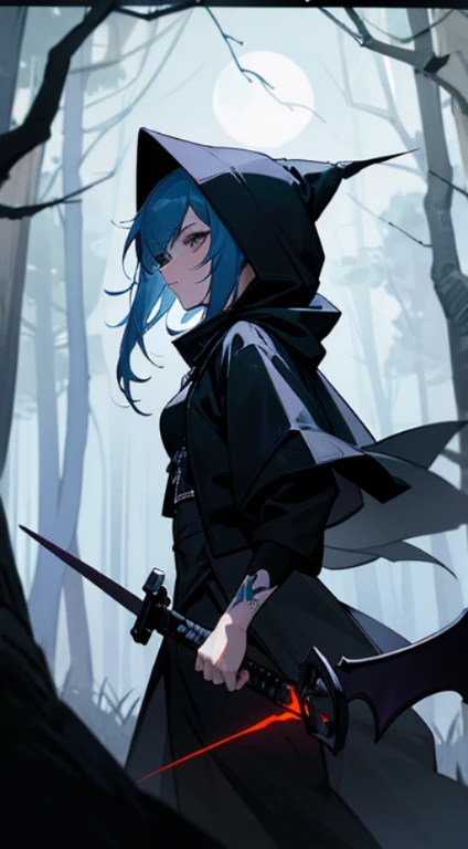 A sexy dark character here in dark clothes with a hood with a sword and a tattoo and scorpion magic coming out in the darkness of the night of the full moon that comes with lightning falling in a forest near a small town