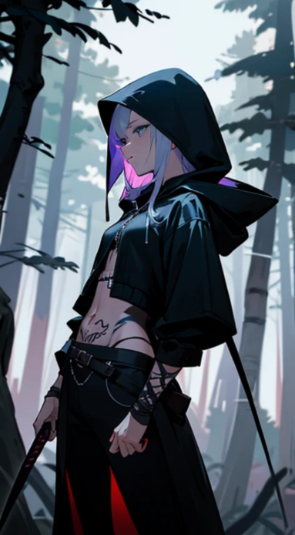 A sexy dark character here in dark clothes with a hood with a sword and a tattoo and scorpion magic coming out in the darkness of the night of the full moon that comes with lightning falling in a forest near a small town