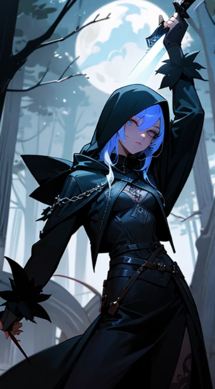 A sexy dark character here in dark clothes with a hood with a sword and a tattoo and scorpion magic coming out in the darkness of the night of the full moon that comes with lightning falling in a forest near a small town
