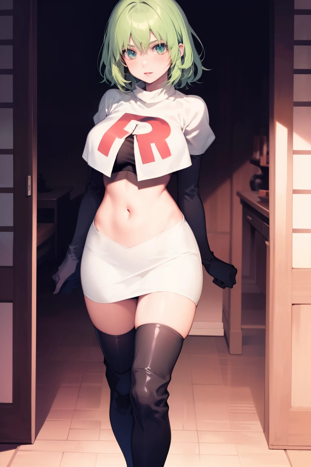 fembyleth, very short hair, light green hair ,glossy lips ,team rocket uniform, red letter R, white skirt,white crop top,black thigh-high boots, black elbow gloves, looking at viewer, cowboy shot