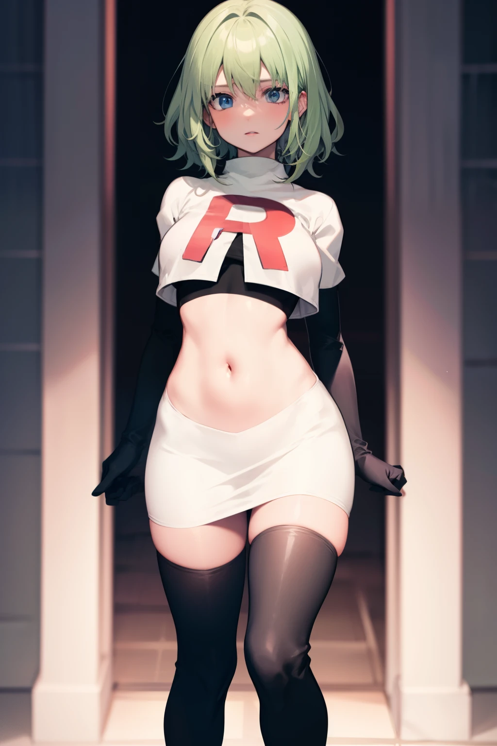 fembyleth, very short hair, light green hair ,glossy lips ,team rocket uniform, red letter R, white skirt,white crop top,black thigh-high boots, black elbow gloves, looking at viewer, cowboy shot
