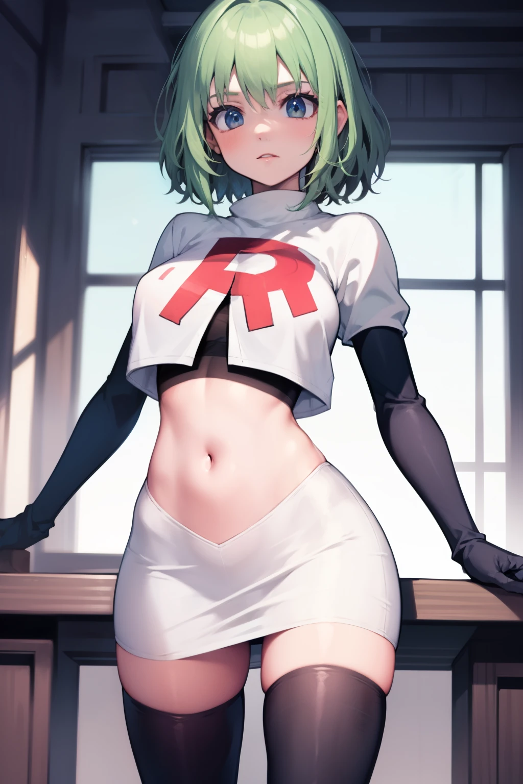 fembyleth, very short hair, light green hair ,glossy lips ,team rocket uniform, red letter R, white skirt,white crop top,black thigh-high boots, black elbow gloves, looking at viewer, cowboy shot
