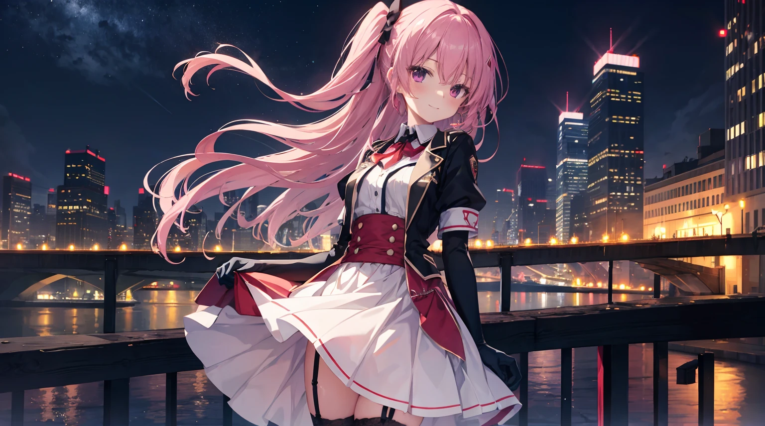 one-girl,The city at night,is shy,Be red in the face,white dresselack stockings,garter straps,medium,gentleness,ssmile,((black armband gloves,Place your hands behind your back,lifting up skirt,skirt lift by yourself,night city background,rich background,Nice background,Mitsukasa Ayase,Long straight pink hair,No hair accessories,