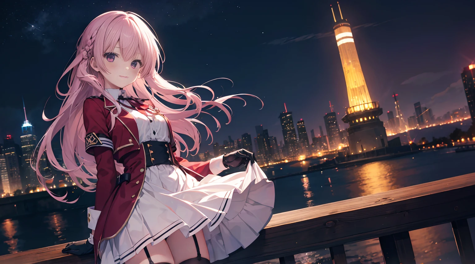 one-girl，The city at night，is shy，Be red in the face，white dresselack stockings，garter straps，medium，gentleness，ssmile，（（black armband gloves，Place your hands behind your back，lifting up skirt,skirt lift by yourself，night city background，rich background，Nice background，Mitsukasa Ayase，Long straight pink hair，No hair accessories，