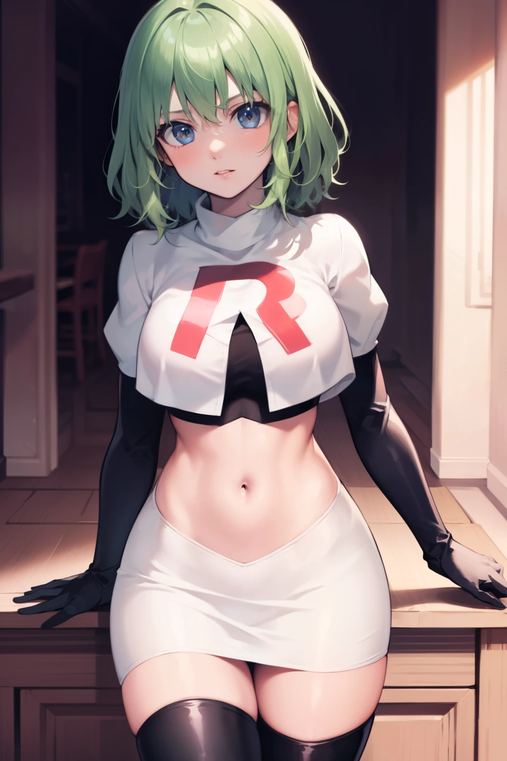 fembyleth, very short hair, light green hair ,glossy lips ,team rocket uniform, red letter R, white skirt,white crop top,black thigh-high boots, black elbow gloves, looking at viewer, cowboy shot