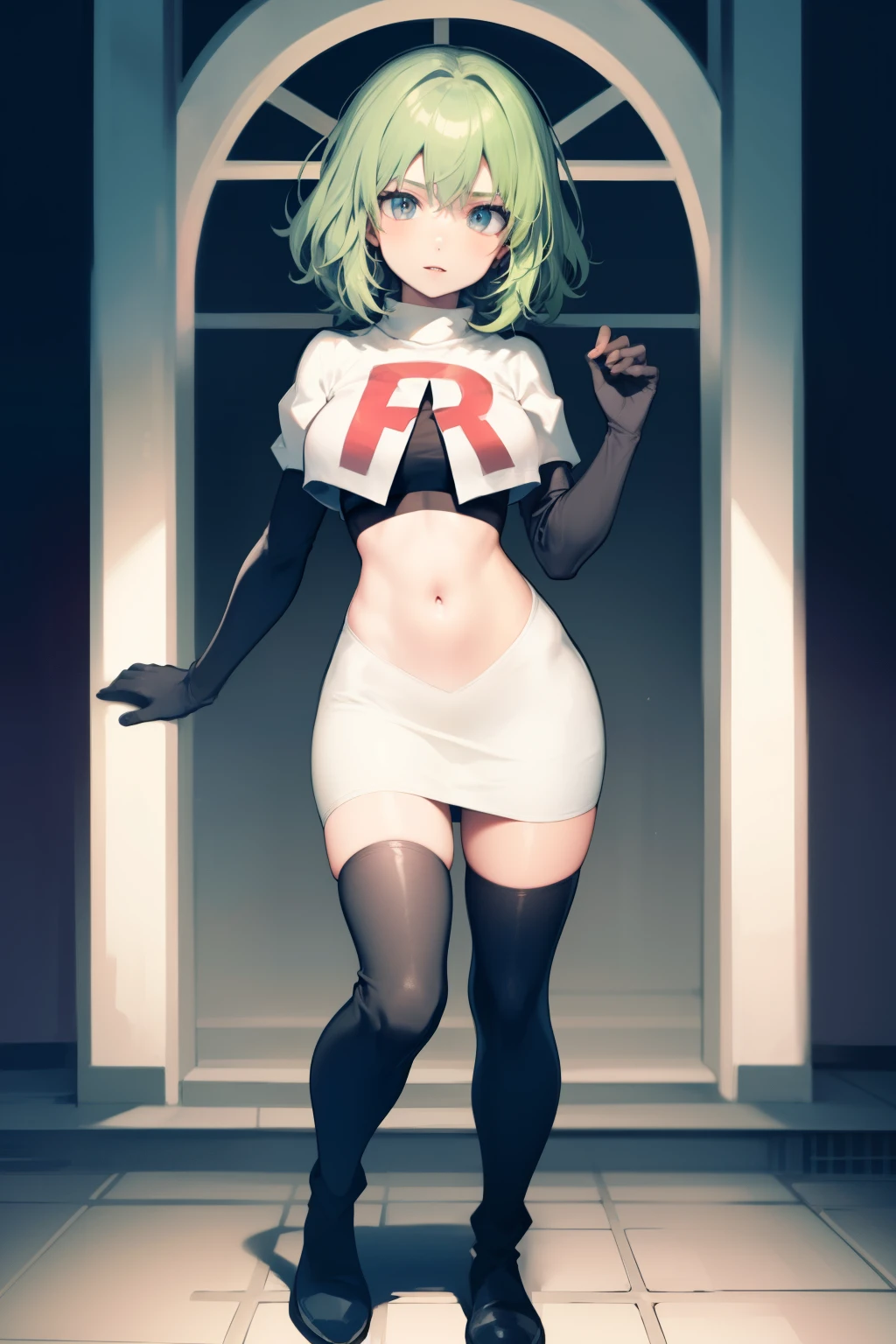 fembyleth, very short hair, light green hair ,glossy lips ,team rocket uniform, red letter R, white skirt,white crop top,black thigh-high boots, black elbow gloves, looking at viewer, cowboy shot