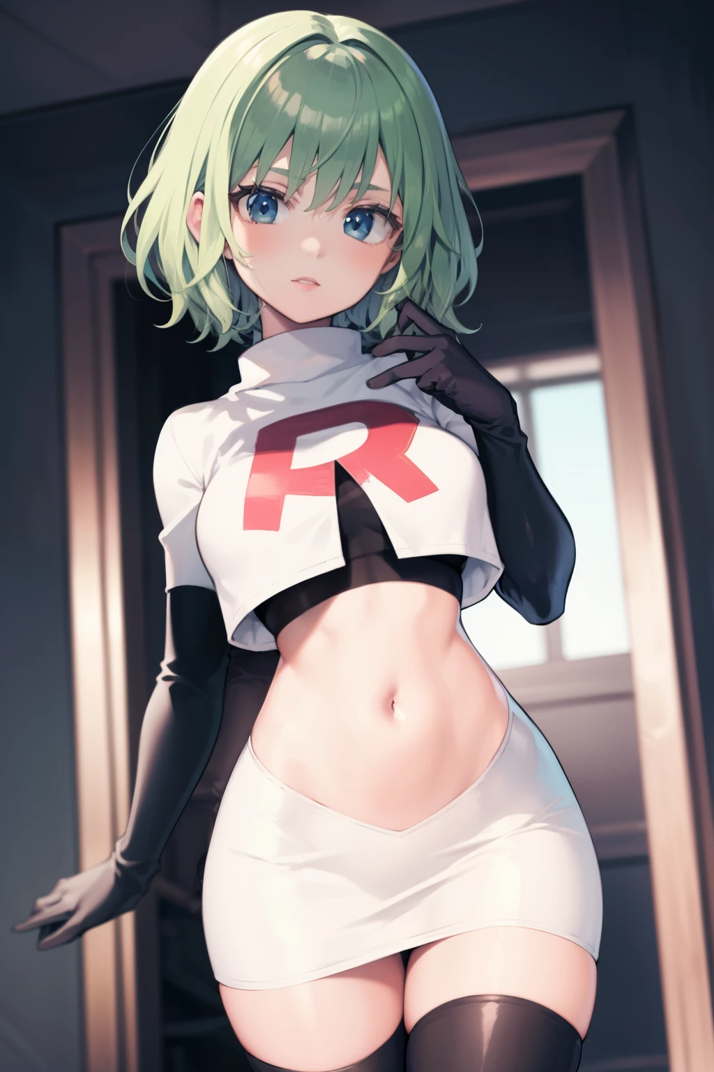 fembyleth, very short hair, light green hair ,glossy lips ,team rocket uniform, red letter R, white skirt,white crop top,black thigh-high boots, black elbow gloves, looking at viewer, cowboy shot