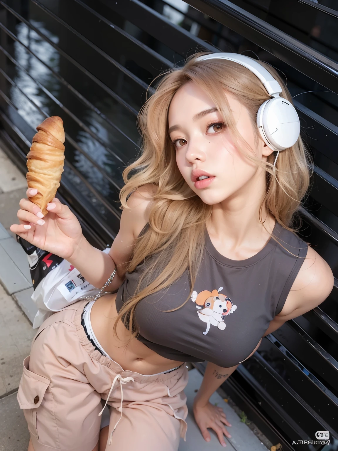 chica araffe con auriculares sosteniendo un croissant y un baguet, Hermosa Delphine, ulzzang, Parque Roseanne de Blackpink, Sakimichan frank franzzeta, Ava Max, Sakimichan, Chica de anime en la vida real, Lalisa Manobal, Lalisa Manoban de Blackpink, Modelo IG | Artgerm, 韓国アイドル