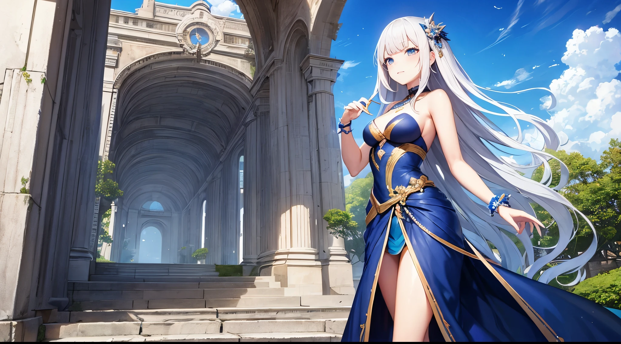(tmasterpiece,quality,最佳quality,offcial art,Beauty and aesthetics:1.2),(1girl),Extremely detailed,(s fractal art:1.3),extremely colorful,Most detailed,absurd res , A high resolution, ultra - detailed, (1 girl:1.3),silver shiny long hair,Gradient blue dress, The most beautiful white hair, aethereal, ((beautiful fantasy)),goddes,Digital art by pixiv, silber hair, Sky blue, ellegance, Blue sky,detailed header,White broken ruins behind,Facing the camera and very close to the camera