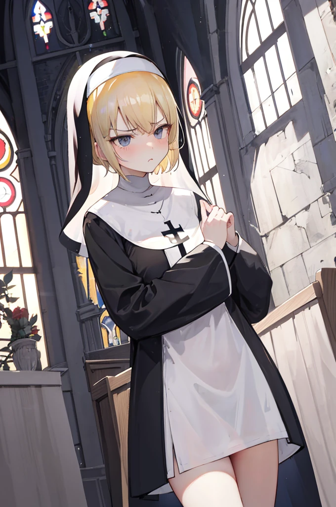 lewd nun,dressed in(Ultra-short)lewd nun,fully body photo,Oversized,titmouse,hason,teary,glaring eyes,((独奏)),combed blonde hair,Craving sexual,Pubic hair shows through,Loose collar,Church background