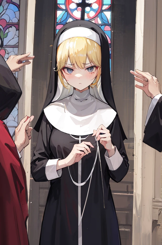 lewd nun，dressed in(Ultra-short)lewd nun，fully body photo，Oversized，titmouse，hason，teary，glaring eyes，（（独奏）），combed blonde hair，Craving sexual，Pubic hair shows through，Loose collar，Church background