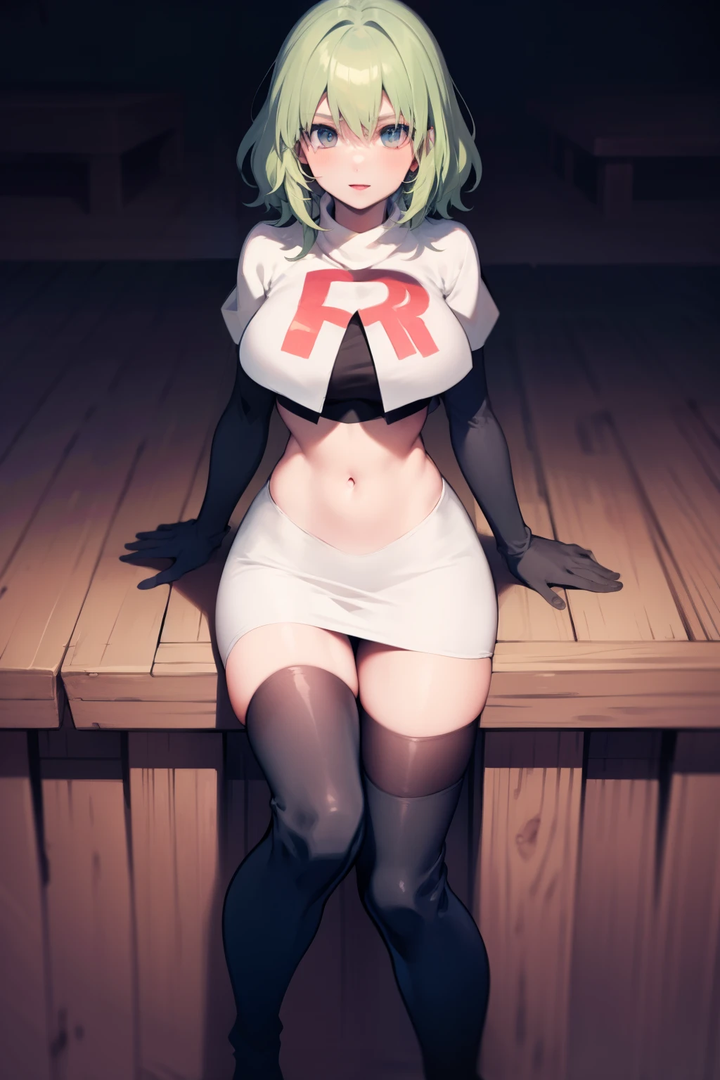 masterpiece, best_quality, 1girl, solo, gardevoir, creatures \(company\), game freak, nintendo, pokemon, pokemon \(game\), bangs, colored skin, female focus, gen 3 pokemon, green hair, green skin, hair over one eye, multicolored skin, pokemon \(creature\), red eyes, short hair, two-tone skin, white skin, ((nude)) Big breasts, ((Open legs)) ((Open pussy))