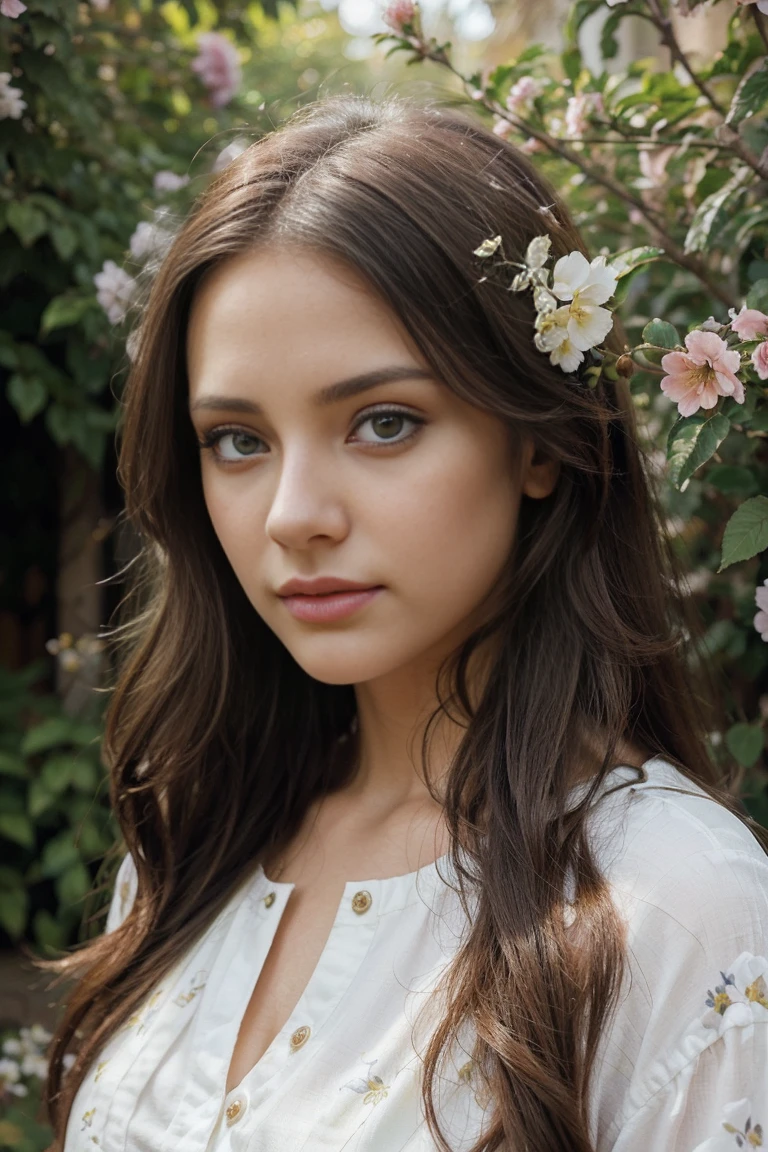 (best quality,ultra-detailed,photorealistic),young woman,beautiful eyes,detailed lips,pensive expression,soft lighting,vibrant colors,,long flowing hair,stylish outfit,garden background,colorful flowers,natural sunlight,serene atmosphere