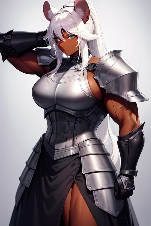 Mouse ears, animal ears, dark skin, white hair, ponytail, shoulder plates, armor, armored skirt, muscular, 1girl, muscular female, muscle
