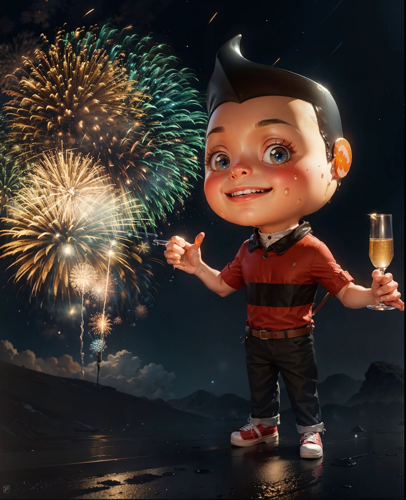 Feliz Ano Novo, a character standing on the wet asphalt holding a glass of Champagne and in the background fireworks in the starry sky