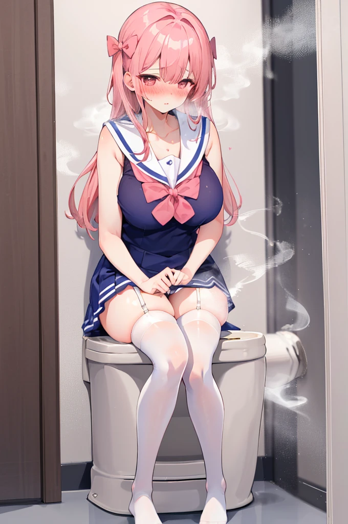 Perfect human body,1 girl, (very highly detailed background,toilet stall,toilet bowl), 鎖骨,Sleeveless sailor suit,Bow knot,semi transparent,(White stockings),((woman with fever)), ((perspired,Steaming,college aged))), Colossal titpression of color)), (blush blush:1.2),