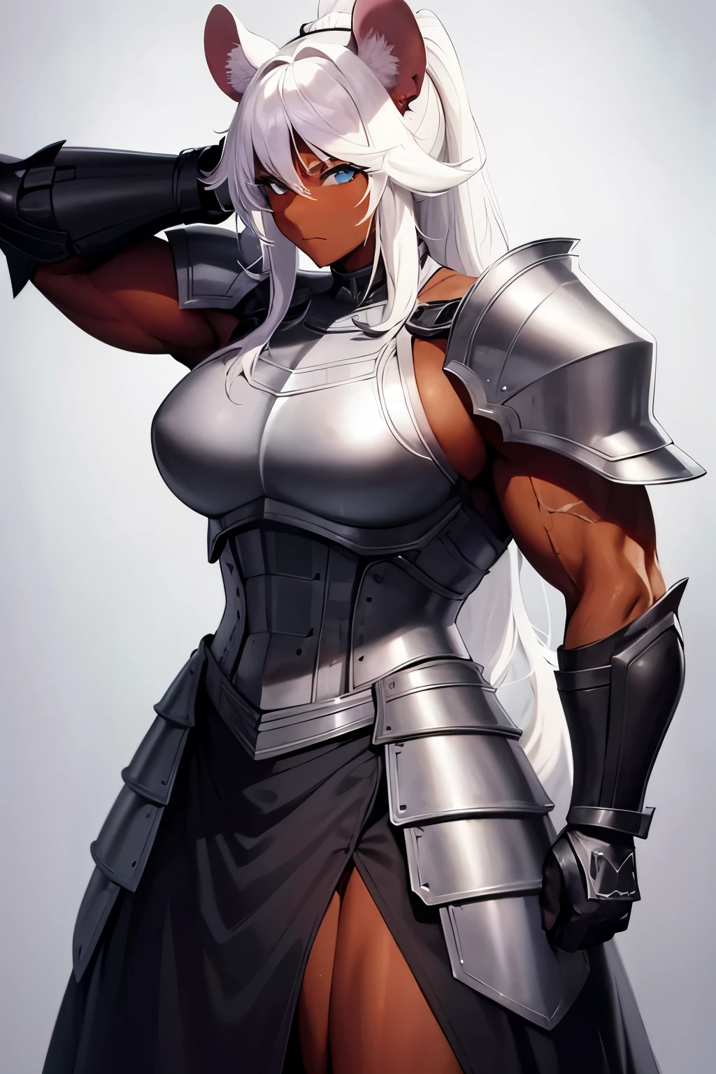 Mouse ears, animal ears, dark skin, white hair, ponytail, shoulder plates, armor, armored skirt, muscular, 1girl, muscular female, muscle