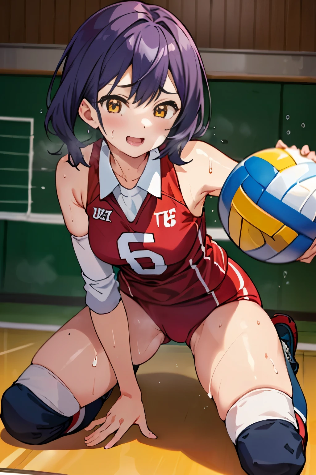 unity 8k wallpaper, anatomically correct, (((masterpiece))), (((best quality))), (((ultra detailed))), (((high-resolution))), ((super fine illustration)), ((Ultimate cutie)), perfect hands, perfect finger, (((good anatomy))), detailed beautiful face, shiny hair, (((gyaru))), (potbelly), (curvy), medium breasts, ((Thick thighs)), (((solo))), ((seductive smile)), (((blush))), (half open mouth),
BREAK, (((sit astride the perfectly spherical shape 6-inch volleyball))), (((Straddling a perfectly spherical 6" volleyball))), (((Perfectly spherical 6" volleyball fits perfectly crotch))), BREAK, (((Rub the Perfectly spherical 6" volleyball against crotch))),
BREAK, (Collared volleyball uniforms), sleeveless, ((buruma)), ((kneepad)), (elbow pad), (((sweat))), (((covered in sweat))), ((deep breathing)), in Volleyball Court, indoor, lighting, looking at viewer, full body, (spoken heart)