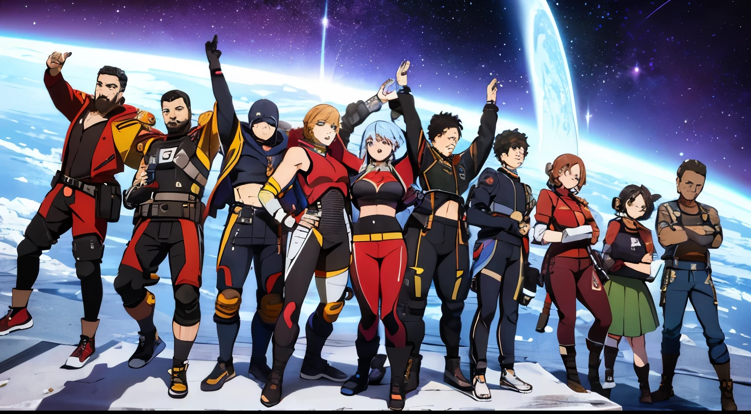 a ragtag group of space adventurers posing together in a group photo or doing something together as a team with confident, energetic looks in their eyes, ready to take on anything and kick ass.