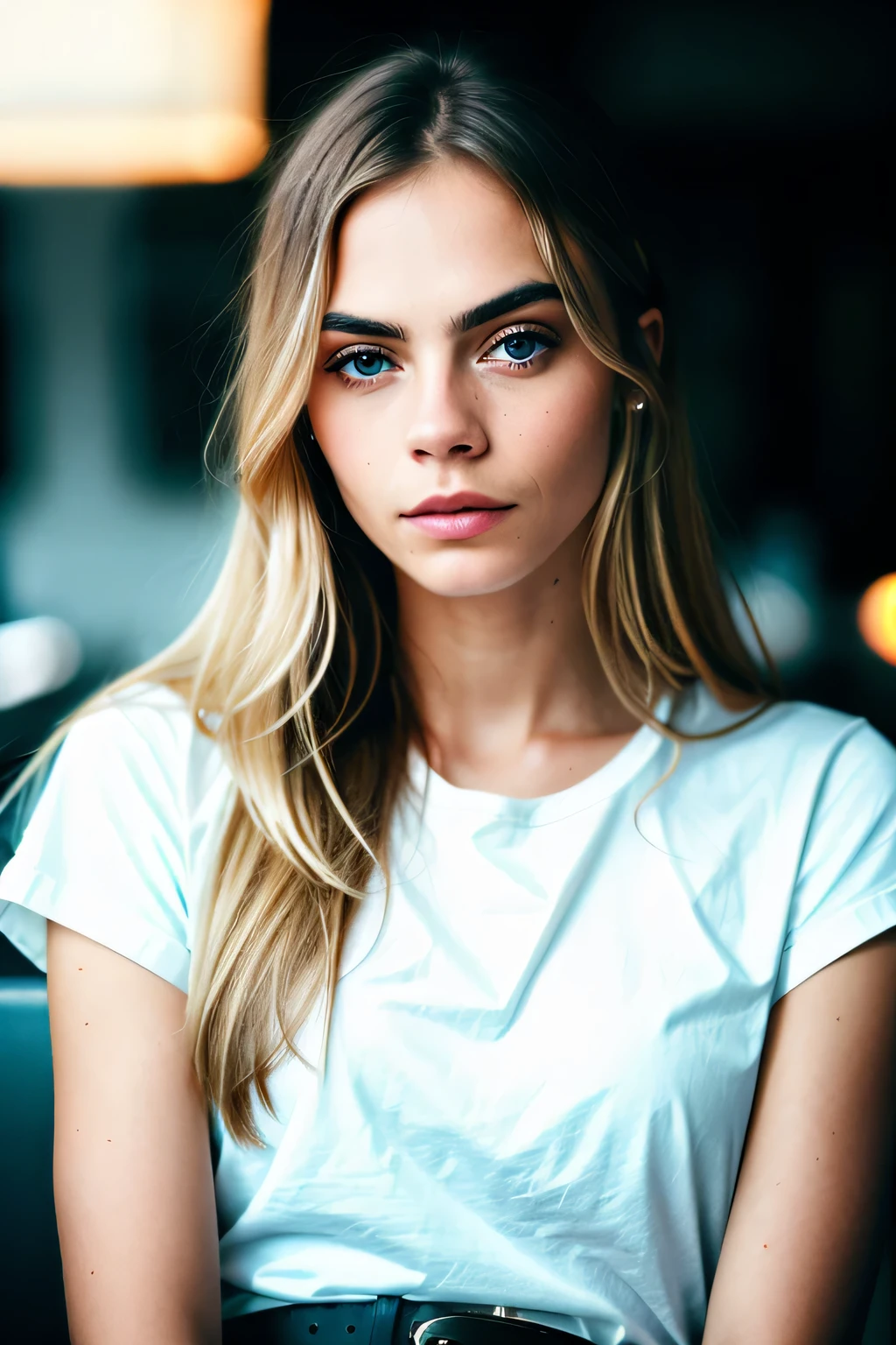 beautiful woman, long straight blonde hair, wearing a white t-shirt without print, wearing leather belt, front view (sitting inside a modern restaurant at night), Cara Delevingne, very detailed, 30 years, natural wave hair, blue eyes, high-res, masterpiece, best quality, intricate details, highly detailed, sharp focus, detailed skin, realistic skin texture, texture, detailed eyes, professional, 4k, Canon shooting, 85mm, shallow depth of field, kodak color vision, perfect fit body, extremely detailed, photo_\(ultra\), photorealistic, realistic, post-processing, maximum detail, roughness, real life, ultra realistic, photorealism, photography, 8k uhd, photography (grain of film) medium shot for closeup shot atmospheric dark lighting