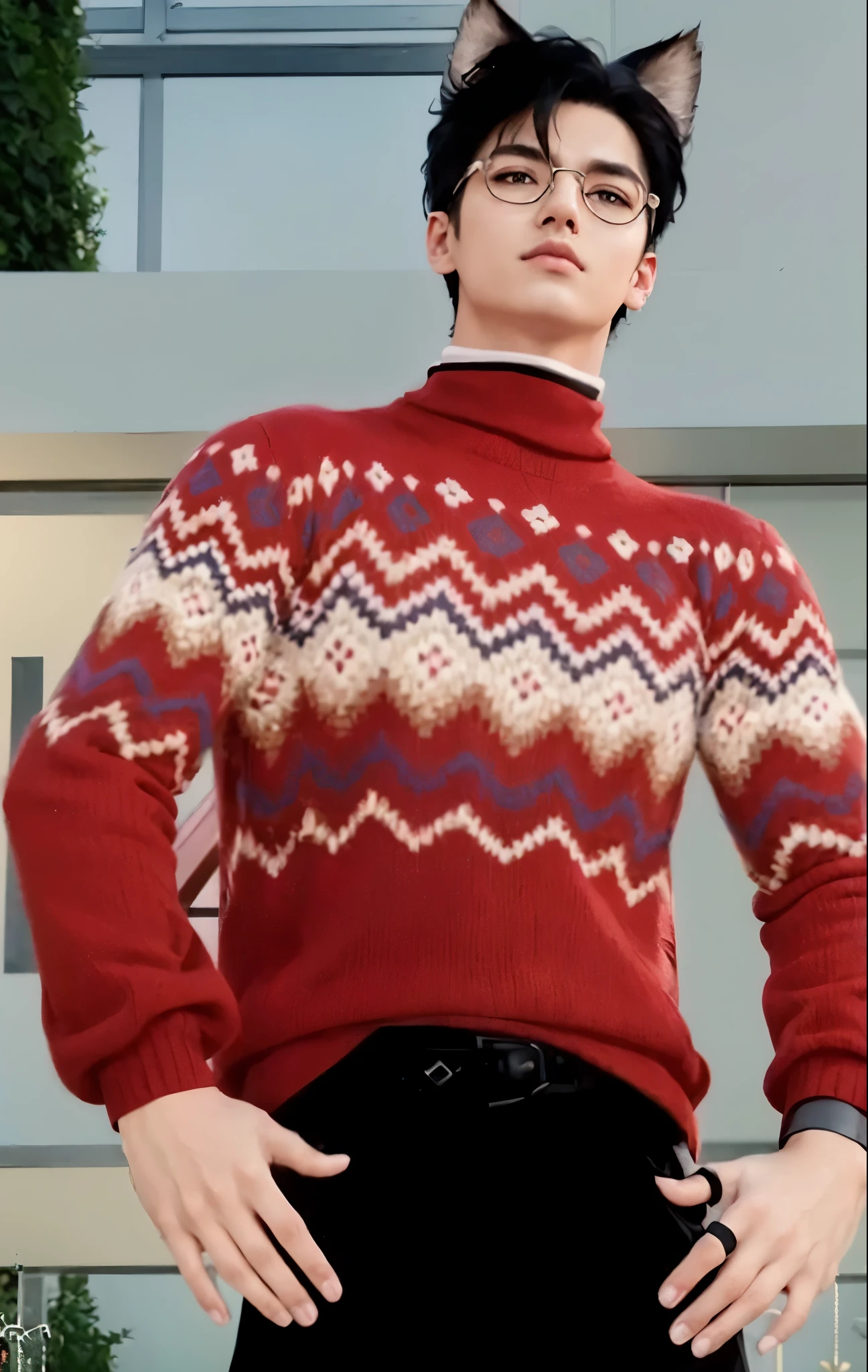 Photorealistic a standing young man, stunningly beautiful, black cat ear, round glasses with silver frame, black rings on the thumb and index finger of the left hand, wearing a red turtleneck sweater, round glasses with silver frame, (top-quality, 8K, 32K, masterpiece, nffsw:1.3), A high resolution, (Photorealsitic:1.4), Raw photography, Detailed face, Beautiful curtain black hair, ((young man style)), Black long pants, Natural makeup, Perfect Lighting, depth of fields, Beautiful shadow gradient,