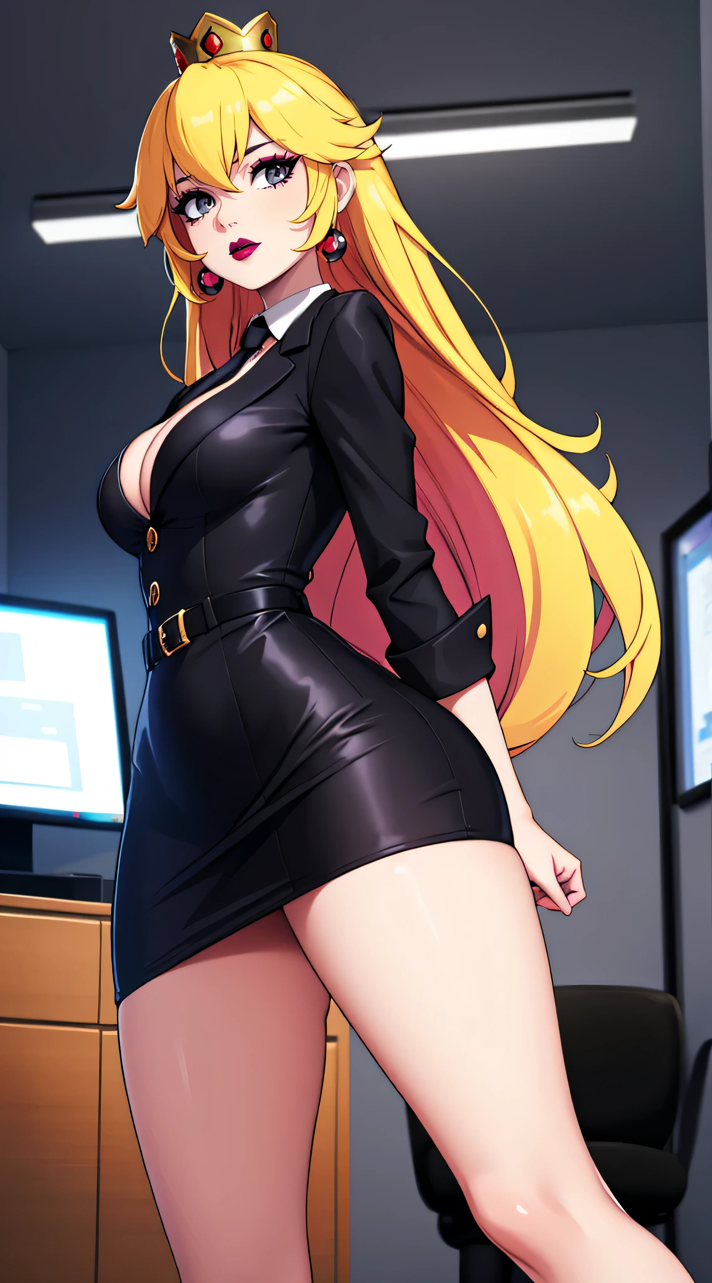 ((high detailed, best quality, 4k, masterpiece, hd:1.3)), landscape, (in office), indoors, business office, Office workers working in the office, many people are busy working, standing, window, desk, chair, computer, ceiling light, Princess Peach, BREAK neon blue eyes, seductive, attractive, sexy smile, smiling, smooth anime cg art, 34C breasts, long legs, vivid colors, detailed digital art, slim body, perfect skin, blonde hair, long hair, BREAK crown, cleavage, 34C cleavage, looking at viewer, BREAK looking at viewer, extremely detailed face, black necktie, pink pencil skirt, pink jacket, white shirt, full body, (pink high heels), earrings, gem, dark black makeup lips, dark gothic eyeshadows, dark eyeshadows, black eyeshadows, black sexy lips, black lips, (dark:1.2), dark lips, very dark lips, (perfect hands, perfect anatomy), black makeup, detailed fingers, five fingers per hand, 5 fingers, (1 girl), detailed lips, detailed black lips, black painted lips, gothic painted lips, BREAK night, (breast focus), (breasts out:1.3), (arms behind back:1.2), (from below:1.2)