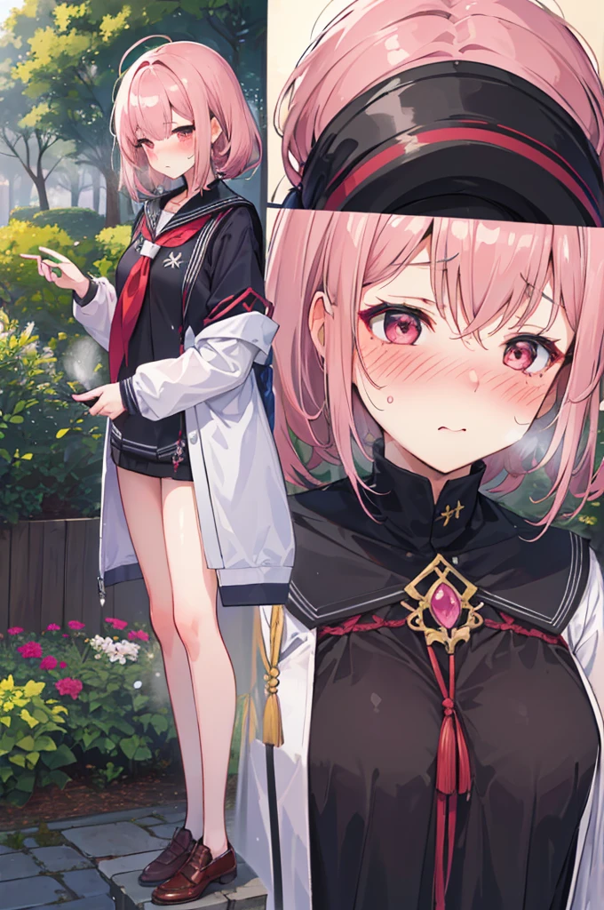 Perfect human body,1 girl, (very highly detailed background,trpical garden), 鎖骨,Small dresow knot,((woman with fever)), ((perspired,Steaming,college aged))), Colossal titpression of color)), (blush blush:1.2),
