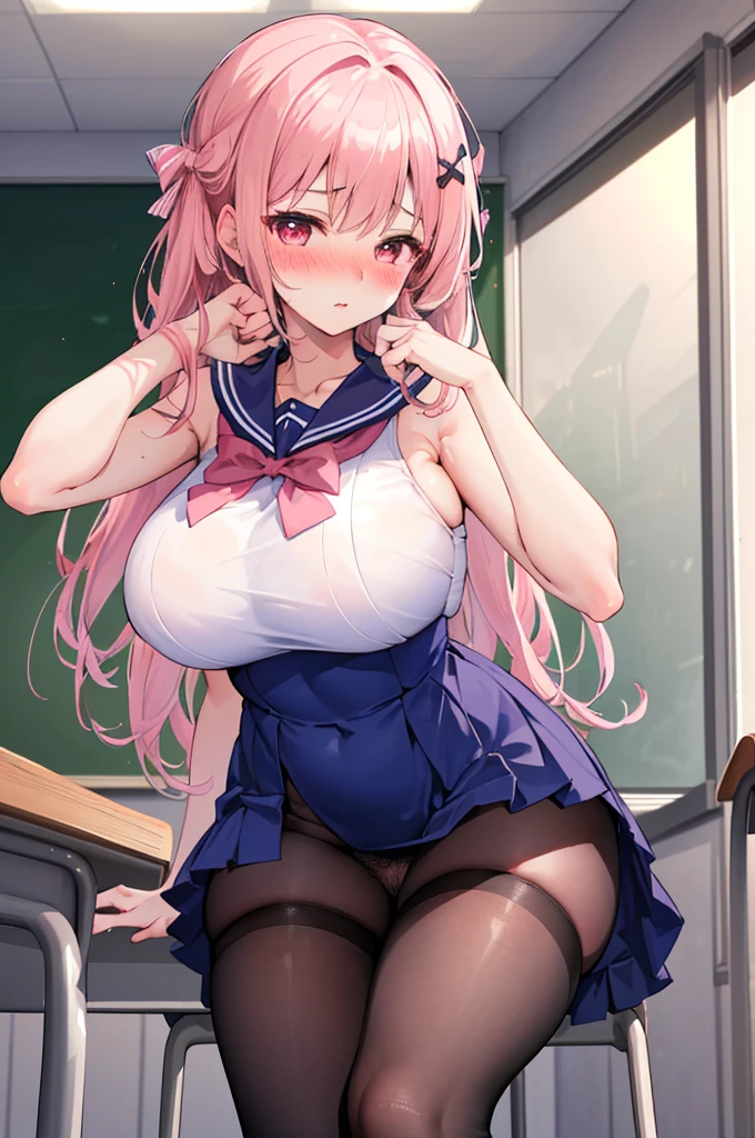 Perfect human body，1 girl， (very highly detailed background，‎Classroom), 鎖骨，Sleeveless sailor suit，Bow knot，semi transparent，(White stockings)，((woman with fever)), ((perspired，college aged))), Colossal titpression of color)), (blush blush:1.2),Pubic hair shows through，