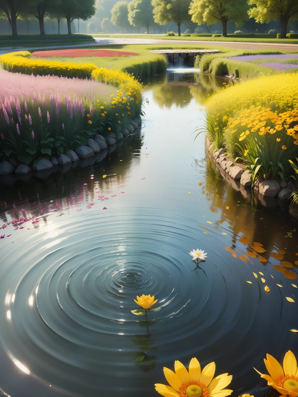There are flowers around，ponds, hyper realistic