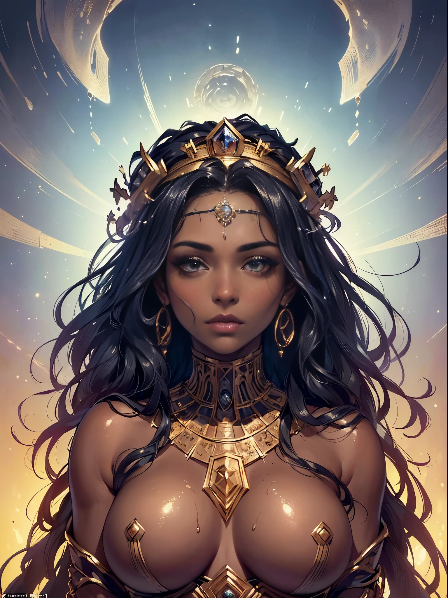 ((Quality: masterpiece, best quality, UHD, anatomically correct, photo realism, textured and detailed skin, skin pores, skin imperfections, textured and detailed hair, volumetric lighting)), roman goddess-like black woman with flowing robes and a crown of celestial symbols, African goddess, black skin