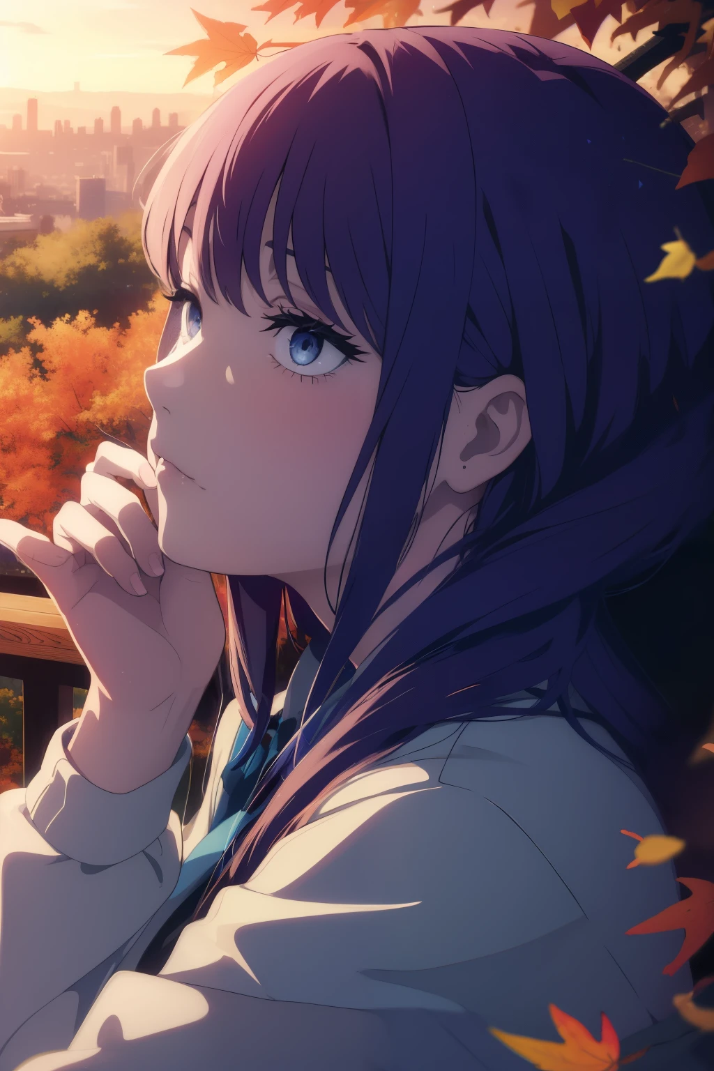 ((beautiful face)), ((masterpiece)), a girl sitting on a hill watches the sunset over the city. autumn, fall colors, trees leaves, sky with stars, sky colors prussian blue cobalt blue purple cyan.