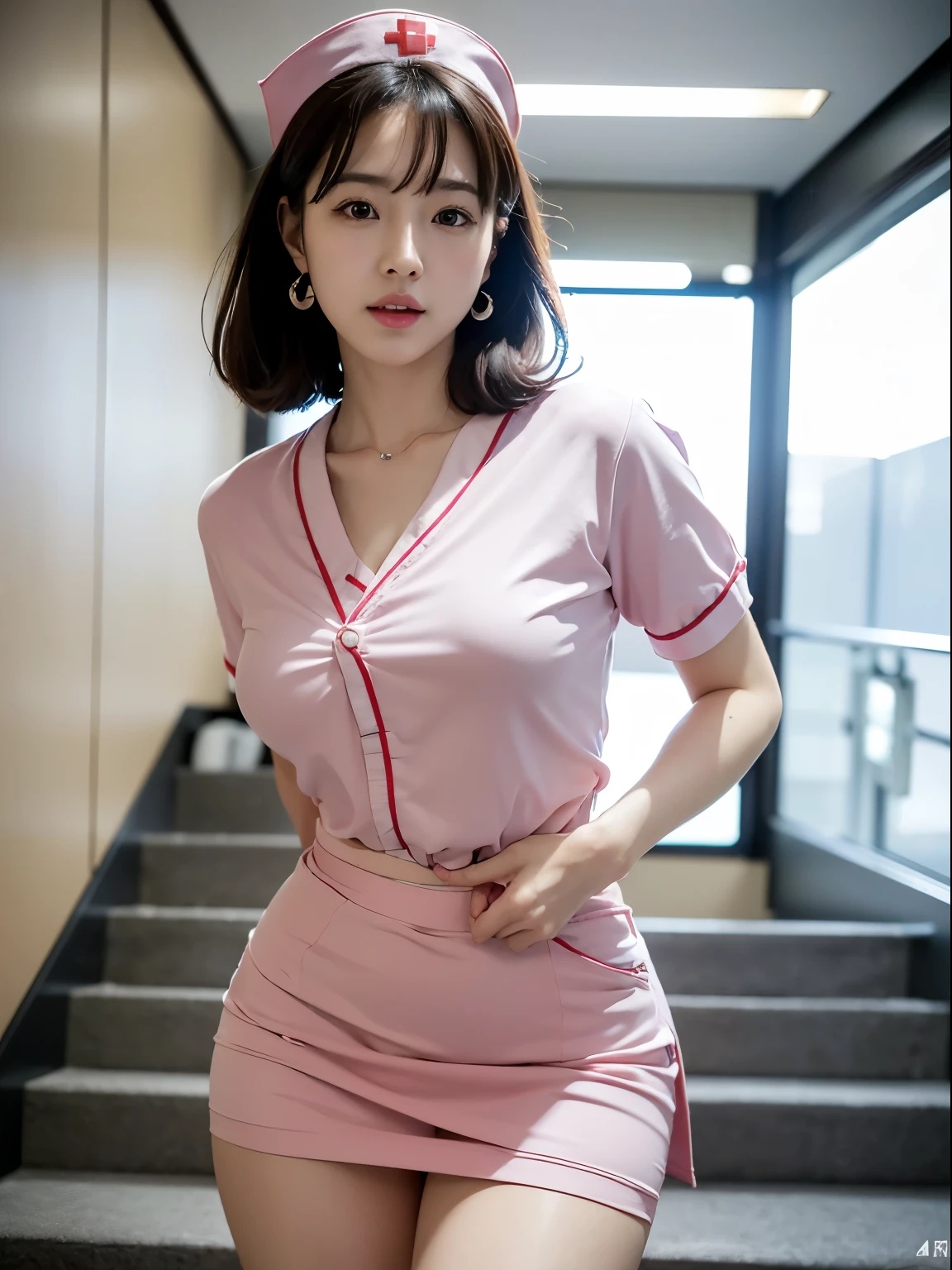 (realisitic、Photorealsitic:1.37)、(8K、Raw photography、top-quality、masterpiece:1.2)、Very cute woman、ultra-detailliert、Heart-shaped pupil、physically-based renderingt、超A high resolution、Kodak Vision Color、Captured with an Arricam LT camera、bokeh dof、foco nítido、(((Correct anatomy:1.2)))、best quality,highres,4k,
masterpiece,realistic,photorealistic,3D,beautiful detailed,fine-textured,solo,japanese woman,nurse,pink nurse_uniform,tightskirt-ass,hospital,earrings,she is climbing the stairs of the hospital,plump,