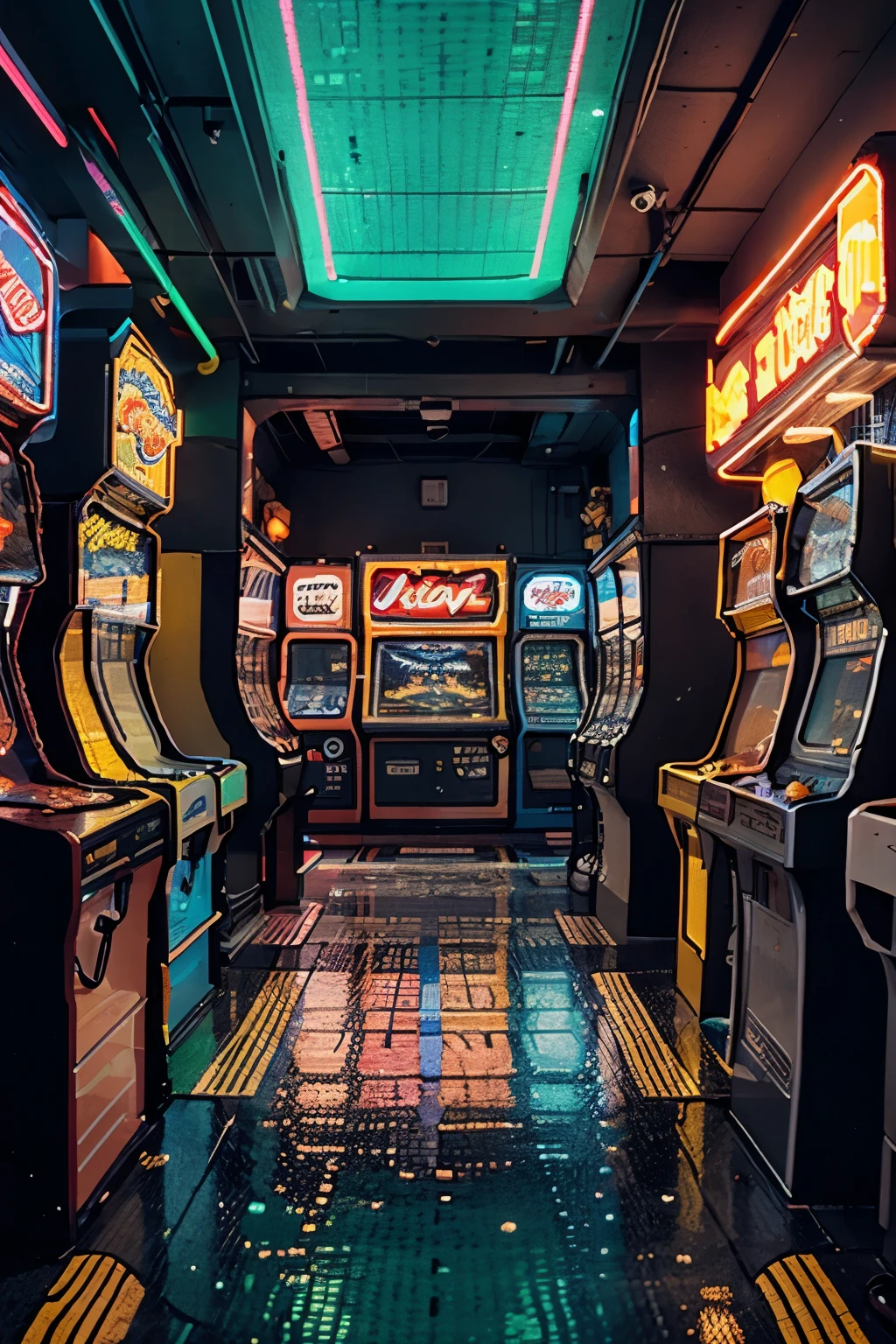 a large neon-lit video arcade hall with many machines, pixel art style with neon colors