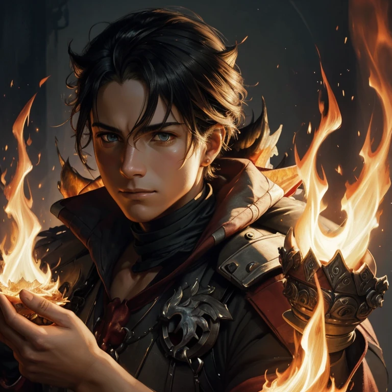Um retrato em close-up de um bonito (Pessoa SKS),Post-apocalyptic winged firefighter, intrincado, elegante, altamente detalhado, pintura digital, art-station, arte conceitual, liso, foco nítido, illustration, arte de Krenz Cushart e Artem Demura e alphonse mucha, ((Fire in the hands))