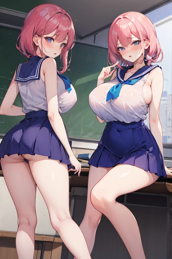 Perfect human body，1 woman，Mature woman， (very highly detailed background，‎Classroom), 鎖骨，Sleeveless sailor suit，Pubic hair shows through肚脐，Low-rise miniskirt，((woman with fever)), ((perspired))), Colossal tits，Indecent expressionlush blush:1.2),Pubic hair shows through，