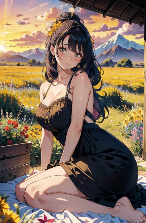 long dark hair / big tits / brown eye / lying on the grass . sexy pose . sunset