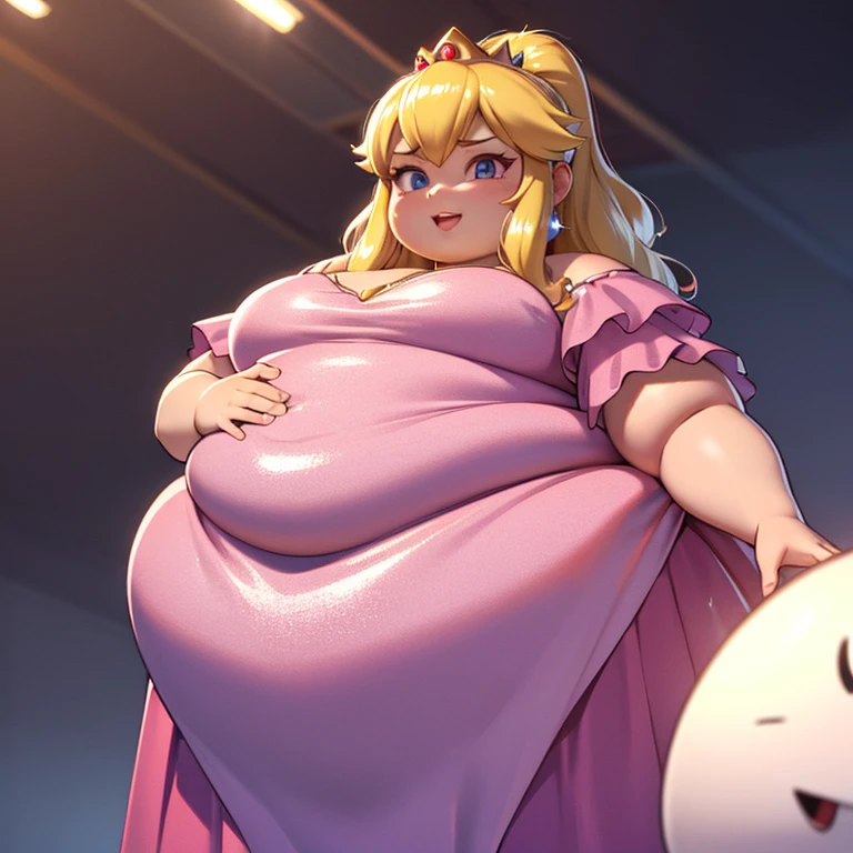 3D,3D render, global illumination, subsurface scattering, pixar style, obese Princess_Peach (wearing pink gown),, obese 1girl, blonde hair, seductive expression, sexy eyes, shiny skin, simple background