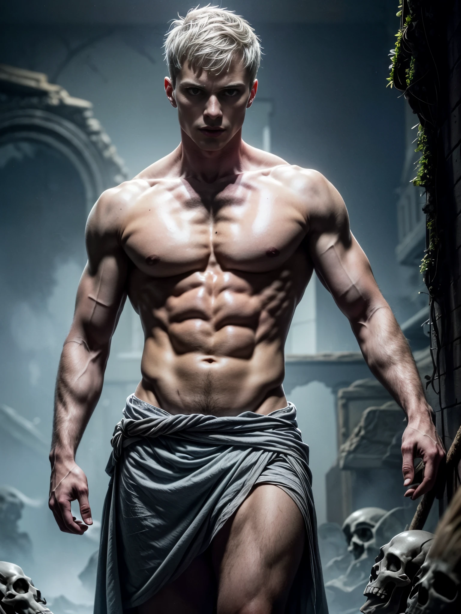 ((masterpiece)),((best quality)),8k, high detailed, ultra-detailed, Stylish Pose, real skin texture, dark cinematic lighting, 21 year-old Italian male model, handsome italian, cute looking, divine look, powerful light blue eyes, Hades god, god of the underworld, pluto, godly, death god, displaying the ability to manipulate souls, white pale skin, roman god physic, intense blue eyes, short hair, (white silver hair:1.5), (buzz cut hair:1.1), short hair, dry short white messy hair, strong jawline, masculine, muscular, defined fit body, hairless chest, shirtless, pantless, (thousands of skulls:1.4), sinister aesthetic, underworld, arm bracelet, fire underworld, walking towards the camera, huge massive dark cave, tule fog, barelegged, barefoot, black antique linen spartan loincloth, dark linen antique draped cloth skirt, (), dark roman gladiator loincloth,,,, dim light, dark atmosphere, cinematic lighting, Depth of field, award-winning photography, elegant, hyperrealistic, octane render, unreal, high definition, 8k resolution, highly detailed, 8k uhd, professional lighting, photon mapping, radiosity, physically-based rendering