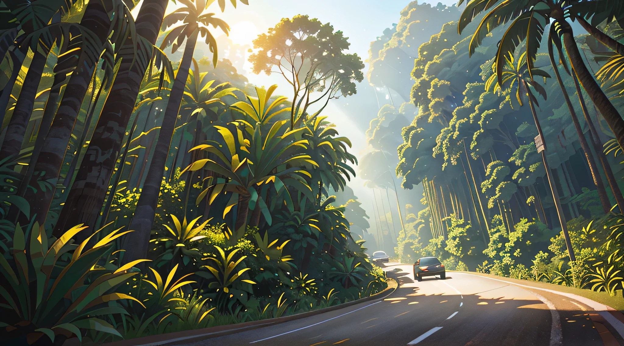 Night Environment Malaysia road through a tropical jungle, all green trees, lots of green trees, night scenery, there is a long road that is winding through a rocky area, realistic unreal engine 3 d game, hilly road, cycles4d render, accurate roads, photorealistic details content, photo-realistic unreal engine, rendered in cryengine, cycles 3 d render, cryengine octane blender, made in unreal engine 4, photorealistic render in octane, hyper-realistic environment