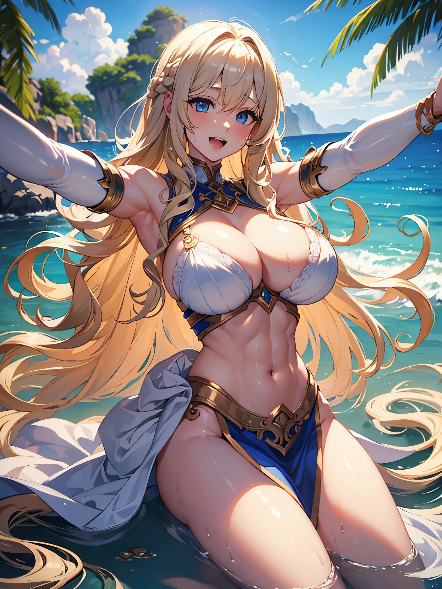 nsfw, masterpiece, best quality, ultra detailed, illustration, 1 woman, blonde hair, long hair, curly hair, huge breast, blue eyes, beautiful detailed eyes, delicate beautiful face, abs, vulgarity, silver armor, outdoors, outstretched arms, smile, open mouth, wet, spread legs
